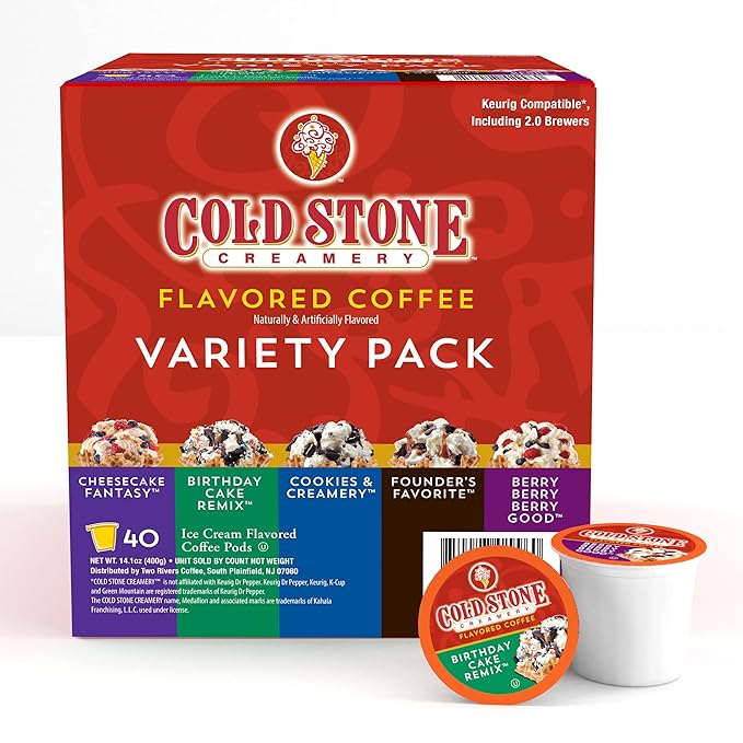 Cold Stone Creamery Beverages Coffee Pods Compatible with K Cup Brewers Including 2.0 - Ice Cream Flavored Assorted Variety Pack 40 Count