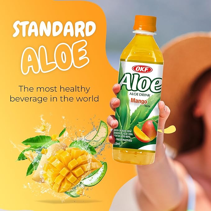 OKF Aloe Vera Drink Juice with Pure Aloe Pulp Variety 16.9 oz. (Mango Pack of 20) Plant Based Drink Korean drinks