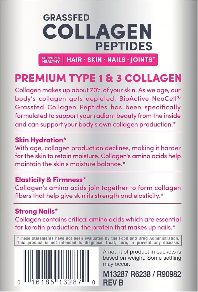 NeoCell Collagen Peptides Powder Packets | 20 Stick Packs | Grass Fed Bovine | Unflavored Supplement | Hair Skin &amp Nails | for Women and Men