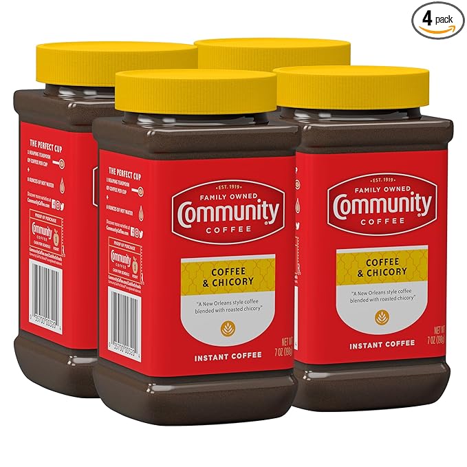 Community Coffee Coffee and Chicory Instant Coffee Medium Dark Roast 7 oz Jar (Pack of 4)