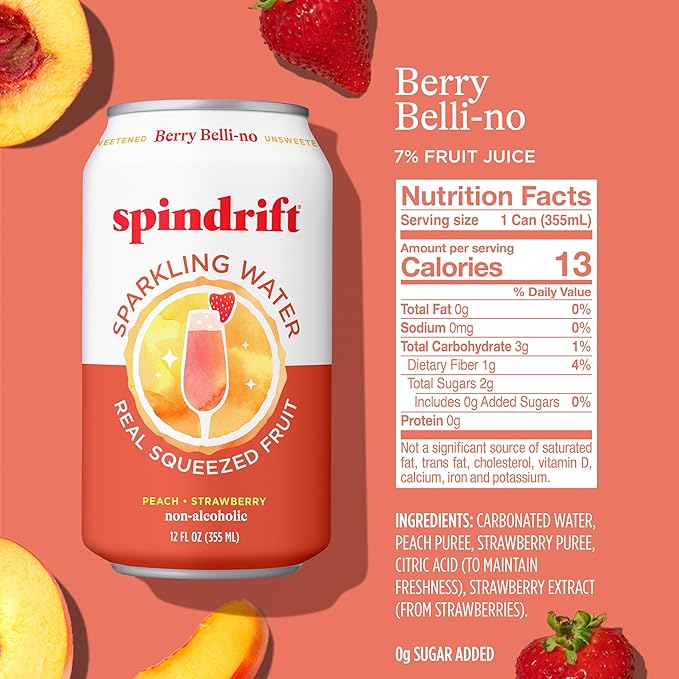 Spindrift Sparkling Water Berry Belli-no Flavored Made with Real Squeezed Fruit 12 Fl Oz Cans Pack of 24 (Only 13 Calories per Can)