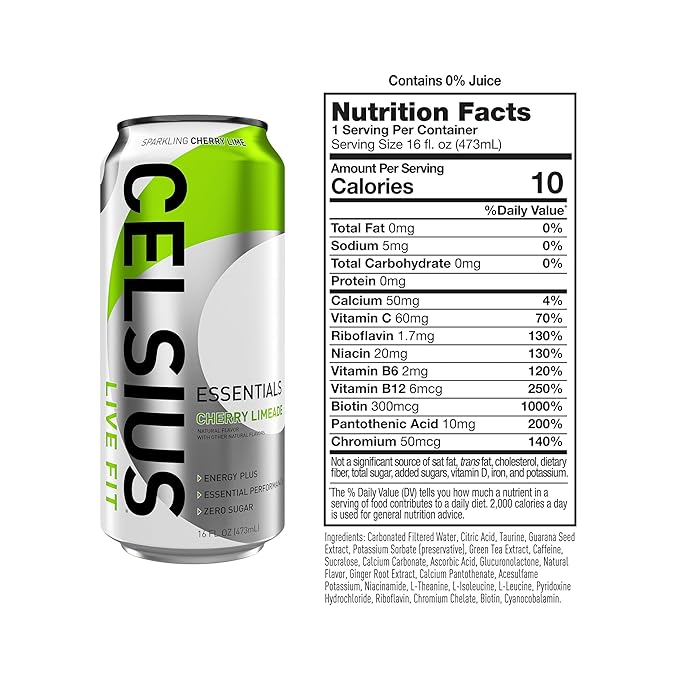 CELSIUS ESSENTIALS Sparkling Cherry Limeade Performance Energy Drink 16 Fl Oz (Pack of 12)