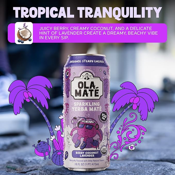 Yerba Mate Energy Drink - Low Sugar Sparkling Tea Cans with Ashwagandha Lion’s Mane USDA Organic Clean Energy Drink with 150mg Natural Caffeine Ola Mate Berry Coconut