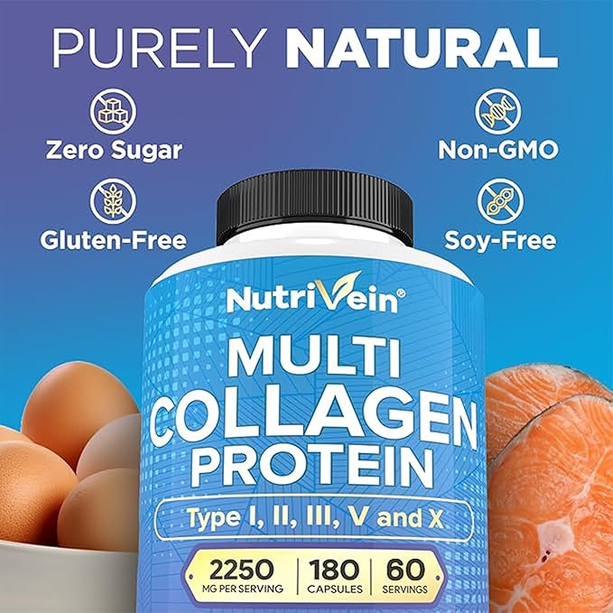 Nutrivein Premium Multi Collagen Pills 2250 mg - 180 Easy-to-Swallow Collagen Capsules: Type I II III V X Hydrolyzed Protein Peptides for Women and Men - Aging Joints Hair Skin Bones &amp Na