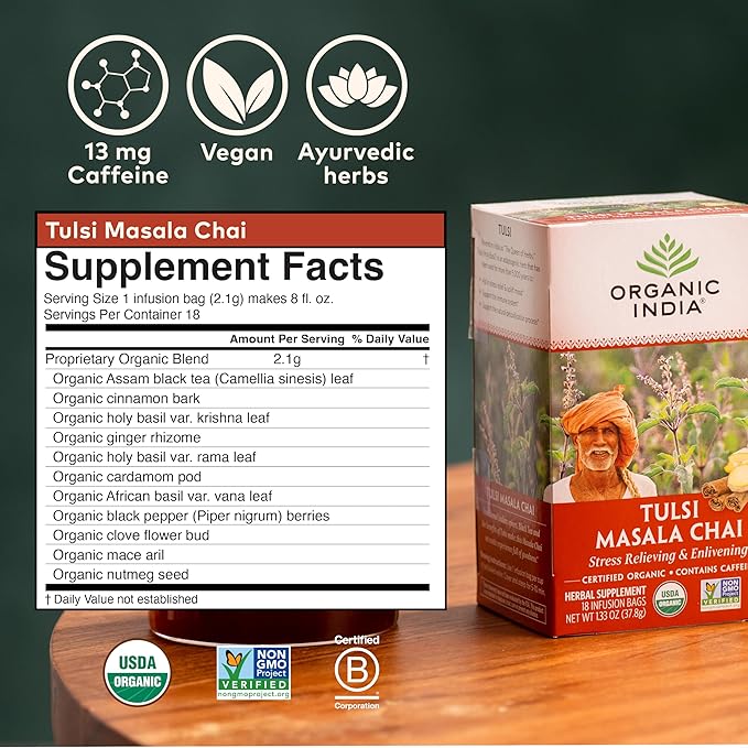 ORGANIC INDIA Tulsi Masala Chai Tea Bags - Holy Basil Black Tea Spices with Ginger Stress Relieving Immune Support USDA Certified Organic Antioxidant Caffeinated - 18 Infusion Bags 3 Pack