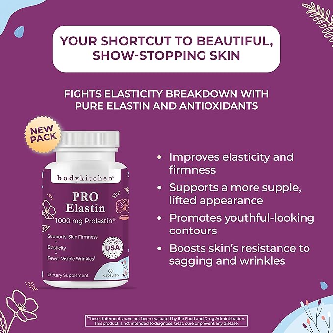 Body Kitchen Pro-Elastin 1000 mg Elastin Supplement Reduce Signs of Aging Improved Skin Health Firmness &amp Elasticity Fewer Wrinkles Veggie Caps (Pack of 3)