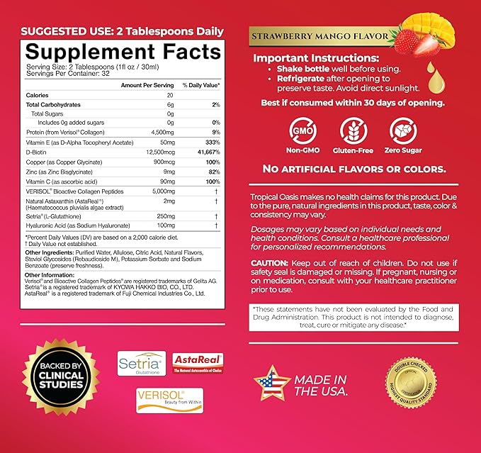 Tropical Oasis Liquid Collagen Glow for Women &amp Men | 5000mg VERISOL Collagen Peptides + 12500mcg Biotin | Clinically Tested for Thicker Hair Brighter Skin Wrinkles &amp Stronger Nails | 32 Ser