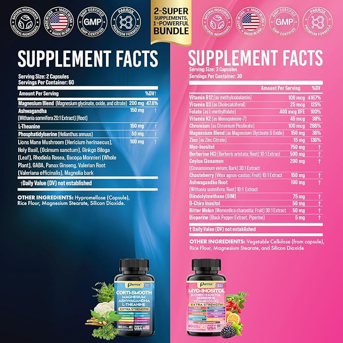 Cortisol &amp Myo-Inositol Supplement Bundle Soothe &amp Smooth Bundle Cortisol Balance GABA Magnesium Ashwagandha L-Theanine D-Chiro Inositol Folate Berberine Chasteberry Zinc (3 Pack)