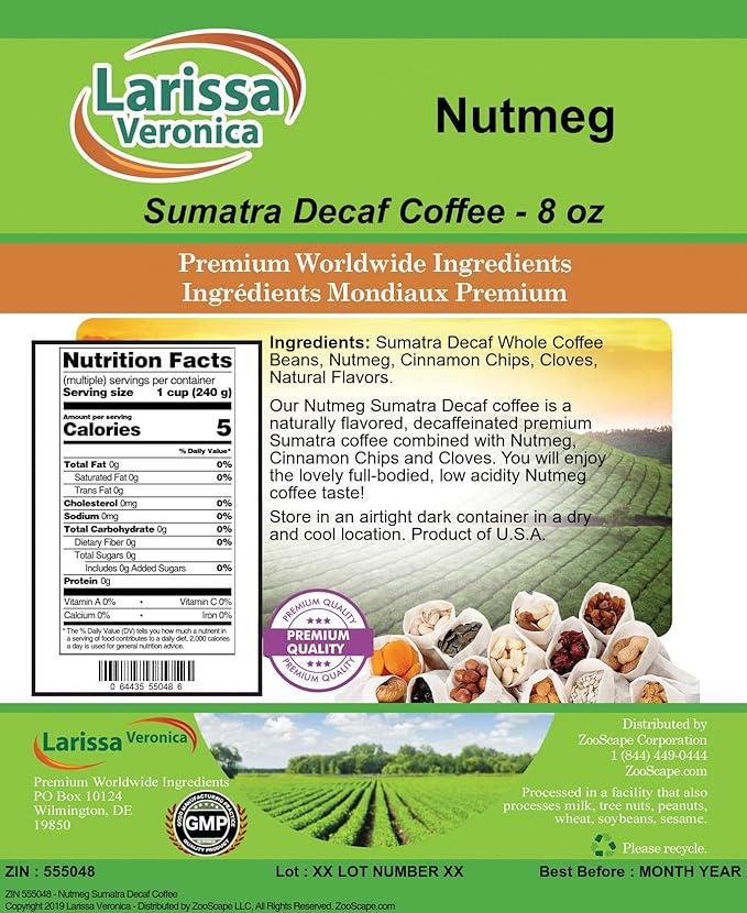 Nutmeg Sumatra Decaf Coffee (Gourmet Naturally Flavored Whole Coffee Beans) (8 oz ZIN: 555048)
