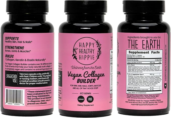 Vegan Collagen Builder w/ Hyaluronic Acid – Hair Skin and Nails Vitamins for Youthful Glow | Keratin &amp Elastin Booster | Bones Cartilage Tendons | Vitamin A L-Lysine | Vegetarian | Non-GMO 60