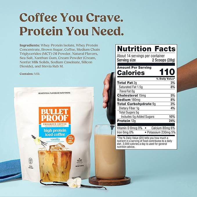 Bulletproof Iced Protein Coffee Vanilla 12g Whey Protein + MCT Oil 170mg Caffeine Instant Coffee from Real Beans Tested for Toxins No Artificial Flavors &amp Sweeteners 14 Servings