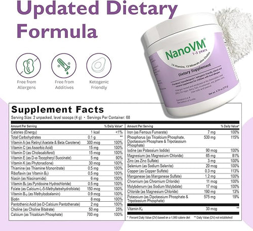 1-3 Years Allergen-Free Multivitamin for Kids Unflavored Dietary Supplement Powdered Supplement with 14 Vitamins &amp 13 Minerals Low-Carbohydrate Toddler Vitamins 275g - Solace Nutrition