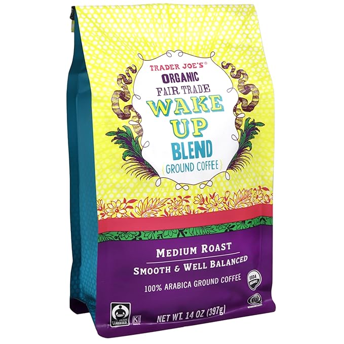 Trader Joe Organic Fair Trade Wake Up Blend Ground Coffee Medium Roast 100% Arabica 14 oz (2PACK)