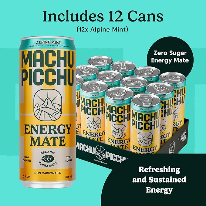 MACHU PICCHU Zero Sugar Energy Mate Drink – Non-Carbonated Yerba Mate 120mg Organic Caffeine Smooth Focus Without Jitters or Crash Low Calorie USDA Organic 12oz Cans (12-Pack-“Alpine Mint”)