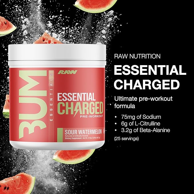 RAW Pre-Workout Powder Essential CHARGED (Sour Watermelon) - Preworkout Supplement for Men &amp Women - Supports Focus Mood &amp Performance - Caffeine Alpha-GPC L-Citrulline Beta Alanine (25 S