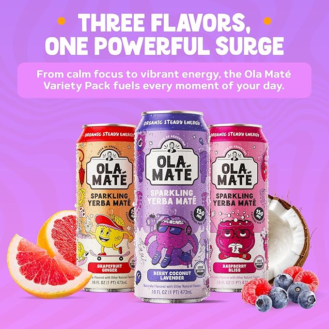 Yerba Mate Energy Drink - Low Sugar Sparkling Tea Cans Variety Pack with Ashwagandha Lion’s Mane USDA Organic Clean Energy Drink with 150mg Natural Caffeine Ola Maté