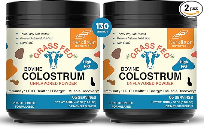 Sandhu's Grass Fed Bovine Colostrum Powder for Humans Adults | 65 Servings (Pack of 2) Cows Supplement | High IgG for Gut Health | Immunity &amp Muscle Recovery Support | Unflavored | for Men &amp
