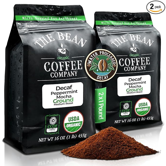 The Bean Organic Coffee Company Water Processed DECAF Peppermint Mocha Medium Roast Ground Coffee 16-Ounce Bags (Pack of 2) Café Molido Tostado Orgánico descafeinado