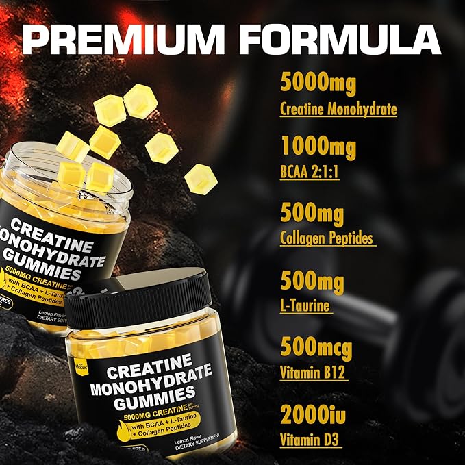 Creatine Monohydrate Gummies for Men &amp Women - with BCAA Collagen Peptides L-Taurine Vitamin B12 D3 Creatine Monohydrate 5000mg (5g) Per Serving Lemon Flavor Sugar Free 1 Pack