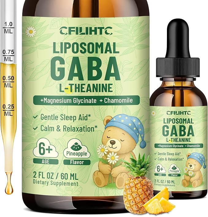 Liposomal GABA L-Theanine Drops for Kids - Liquid GABA Supplement with Magnesium Chamomile Lemon Balm &amp Vitamin B6 - Support Relaxation Focus &amp Stress Relief for Kids &amp Adults - Pineapp