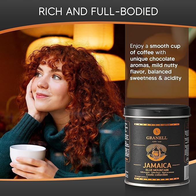 Blue Mountain Jamaican Coffee by Cafés Granell: Low Acid Whole Bean Coffee Medium Roast to Dark Roast Coffee Popular Gourmet Coffee Lover Gifts 3.5oz