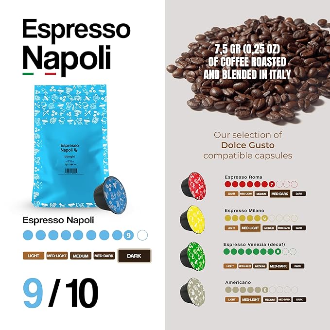 Dongiò Caffè Espresso Napoli Capsules Compatible with Nescafe Dolce Gusto system 100 Count of Single-Serve Coffee pods (5 Boxes of 20 capsules each) Dark Roast - Intensity 9/10