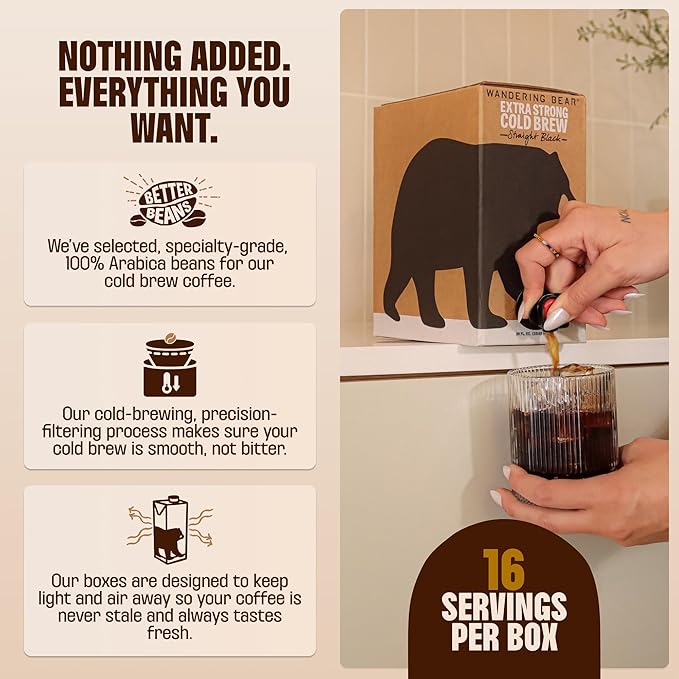 Wandering Bear Decaf Cold Brew Coffee On Tap Iced Coffee Drink - Bold Smooth No Sugar Added Shelf-Stable Ready to Drink Gluten Free &amp Vegan Decaf - 16 Servings of 6fl.oz - 96fl.oz