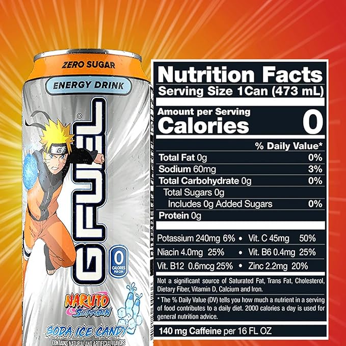 G Fuel Energy Drink Lemon Lime Slushie Sugar Free Beverage with 140mg Caffeine Daily Energy Boost with Focus Amino Vitamin + Antioxidants 16 oz Cans (Naruto Shippuden 12-Pack)