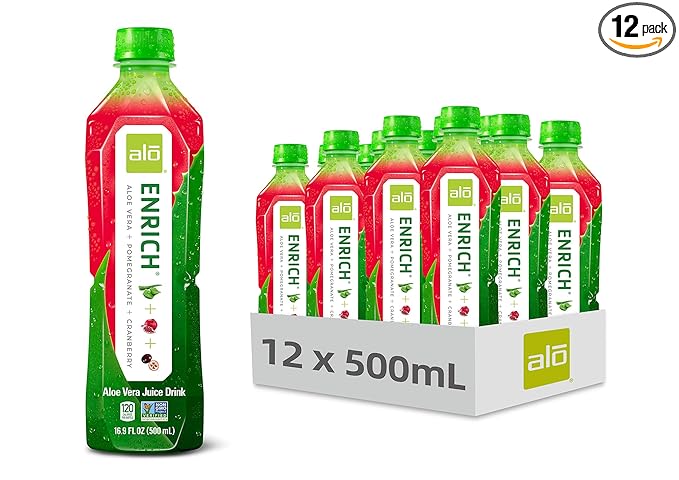 ALO Aloe Vera Juice Drink | ENRICH - Pomegranate + Cranberry | 16.9 fl oz Pack of 12 | Plant-Based Drink with Real Aloe Pulp