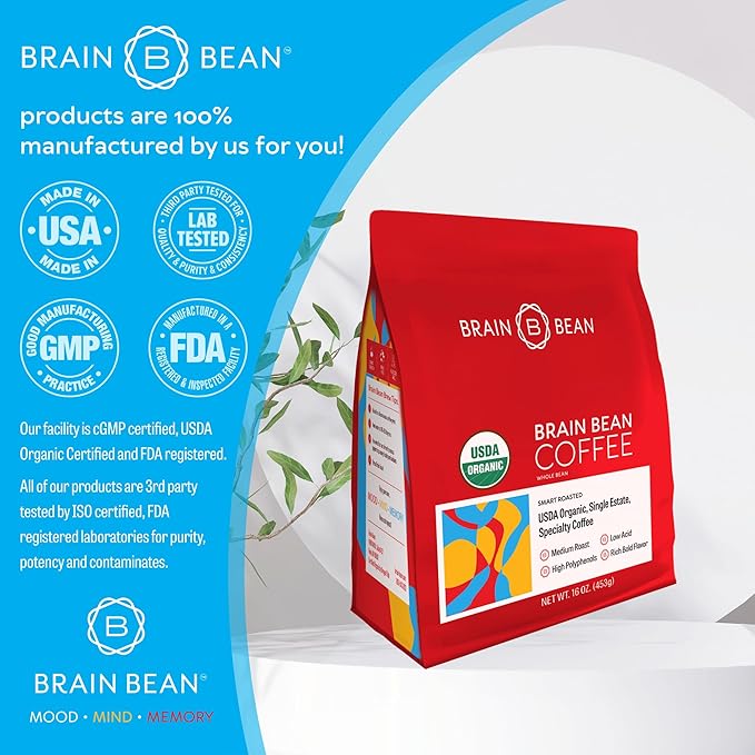 Brain Bean Organic Coffee – Smooth Taste &amp Rich Medium Roast – High Antioxidant &amp USDA certified organic for Cognitive Support Mood Enhancement &amp Toxin Removal - Whole Bean Coffee – 16 oz