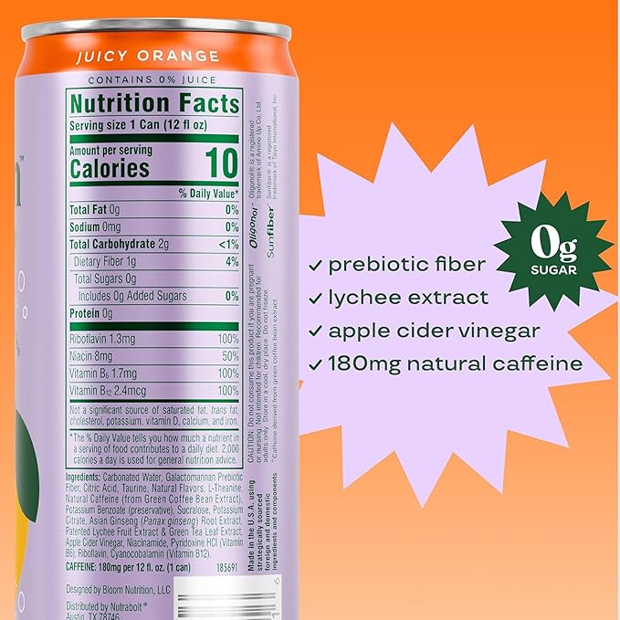 Bloom Nutrition Sparkling Energy Drink - Natural Caffeine Zero Sugar 180mg Caffeine - Antioxidant-Rich with Green Coffee Bean Green Tea Extract Prebiotics - Orange - 12oz 12 Pack