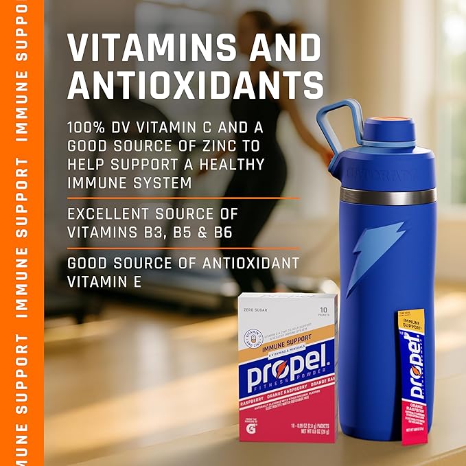 Propel Immune Support Electrolyte Enhanced Water Drink Mix Powder Packets Orange Raspberry 100% DV Vitamin C Zero Sugar Hydration with Electrolytes &amp Vitamins (120 Packets) (Pack of 240)