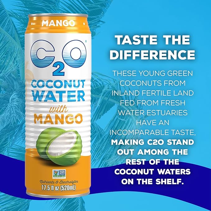 C2O - Coconut Water with Mango (12 Pack) - Made with Fresh Coconut Water - Plant Based - Non GMO - Canned Water - Natural Hydration Essential Electrolytes &amp Potassium - 12 Cans 17.5 FL OZ