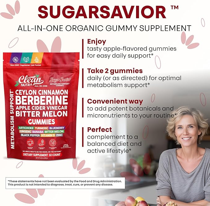 Sugar Savior Ceylon Cinnamon Berberine Gummies Apple Cider Vinegar Artichoke Turmeric Blueberry Ginseng Banaba Bitter Melon Black Pepper Vitamin D Zinc GLP1 Gummies 60 Count by Clean Nutra