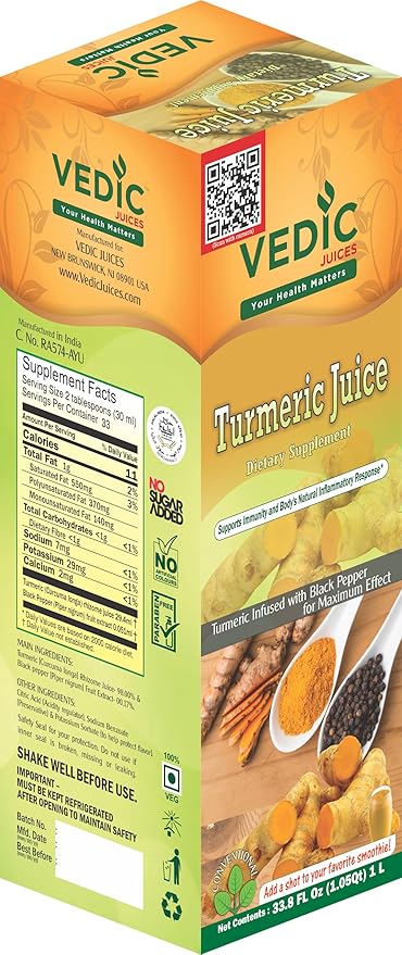 Vedic Juices Pure Turmeric Juice | Premium Quality Turmeric Liquid Extract Supplement | Digestion | 33.8 Fl Oz (Pack of 1)