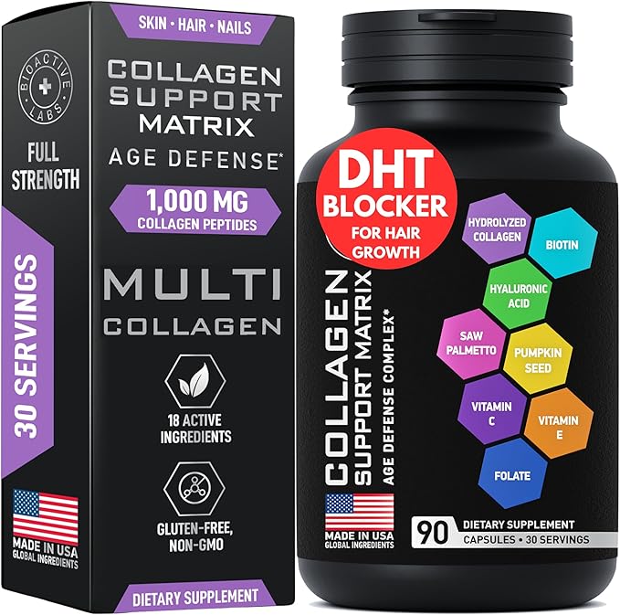 Age Defense Beauty Collagen Matrix - 2000mg Multi Collagen Biotin Keratin Hyaluronic Acid Saw Palmetto Supplement Complex - DHT Blocker for Men &amp Women for Hair Growth - 3-PACK 270 Gluten-Free C