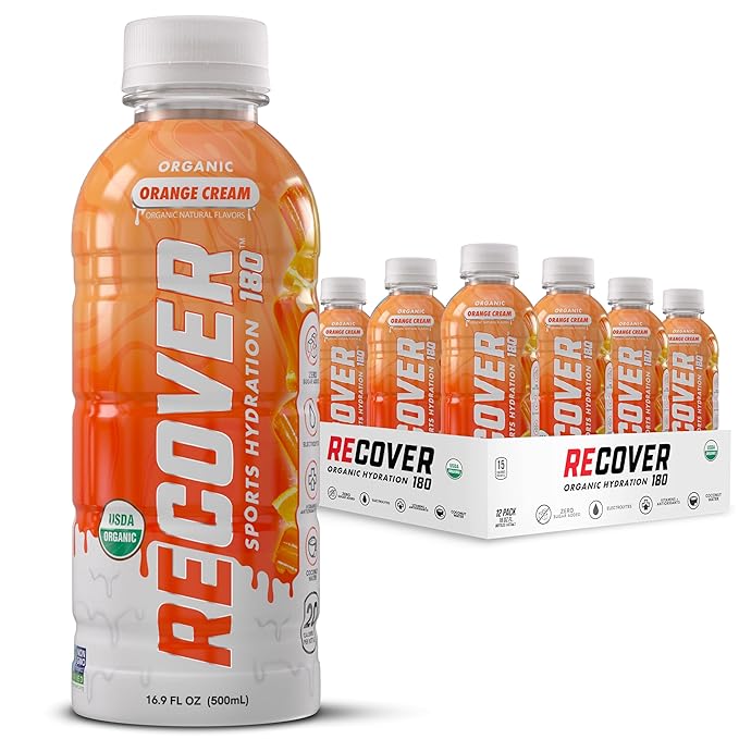 RECOVER 180 Organic Sports Hydration Drink No Sugar Added 20 Calorie Sports Beverage Organic Flavors With Vitamins Potassium-Packed Electrolytes (16.9 Fl Oz (Pack of 12) Orange Cream)