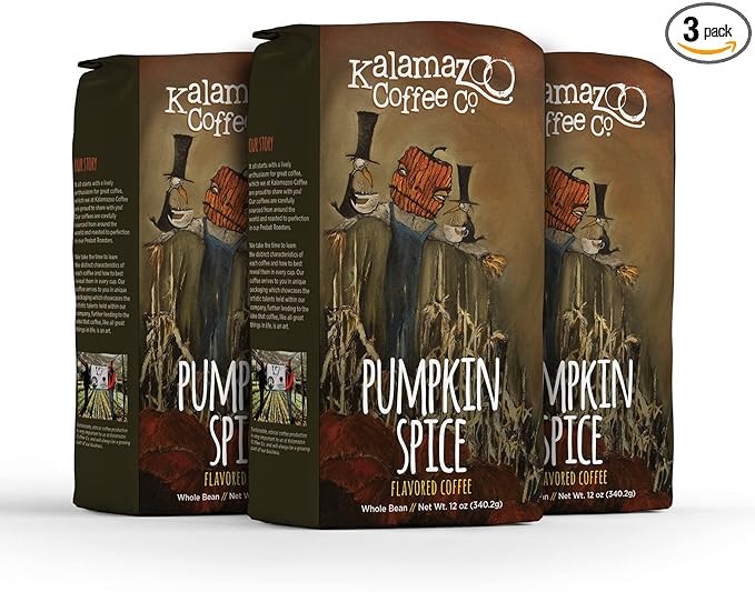 KALAMAZOO COFFEE COMPANY Pumpkin Spice Whole Bean Coffee - Seasonal Flavored Coffee | 12oz Bag (3 Pack)
