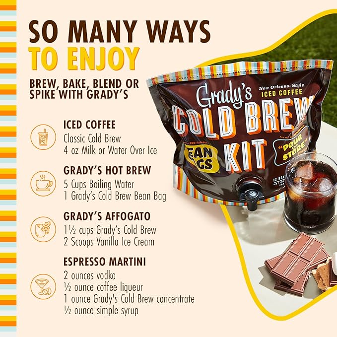 GRADY’S COLD BREW New Orleans Style 100% Arabica Ground Coffee &amp Chicory Pouches 2 All-in-One Cold Brew Kits each with 12 Easy-to-Brew Beans Bags Makes 72 drinks