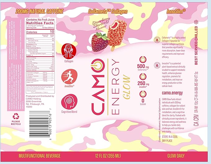 CAMO Energy Glow Strawberry Shortcake 200mg Natural Caffeine Collameta® Collagen Peptides InnoSlim® Metabolism Booster Zero Sugar 12oz Cans 12 Pack