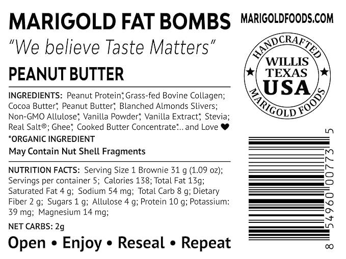 MariGold Keto Fat Bombs Snacks - Peanut Butter - Low Carb Collagen Rich Organic Peanut Protein Organic Peanut Butter + Almonds Slivers Gluten-Free Non-GMO (3 bags 5 Servings each)