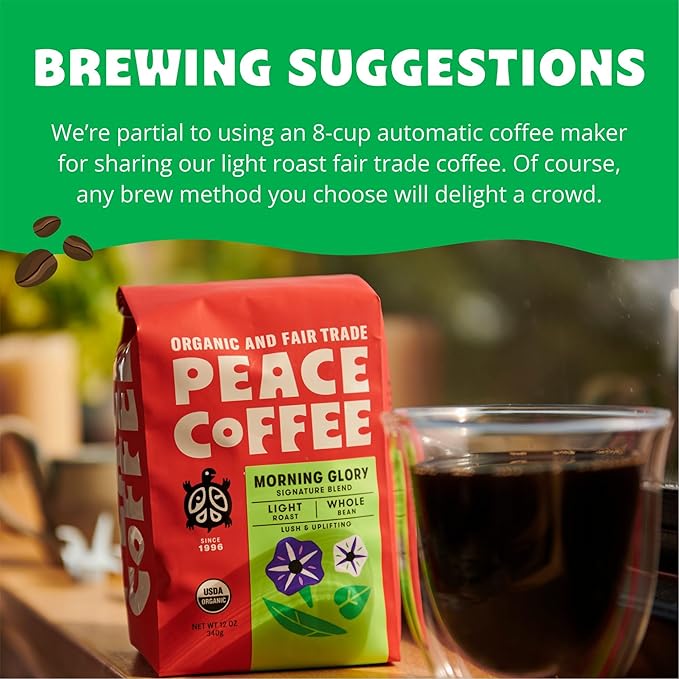 Peace Coffee Morning Glory Signature Blend | 20 oz Ground Light Roast | Organic Fair Trade | Smooth Mild Flavor | Shade Grown Fresh Roasted