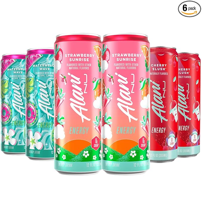 New Alani Energy Drinks Strawberry Sunrise Watermelon Wave Cherry Slush Flavors Variety Pack Sugar-Free Low-Calorie Energy Boost Drink 12 fl oz (Pack of 6)