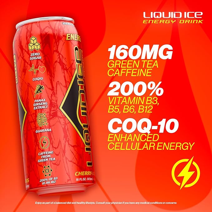Liquid Ice Active Energy Drink Cherry Licious Zero Sugar 160mg Natural Caffeine from Green Tea with CoQ10 &amp Ginseng Clean Focus &amp Performance Support Gluten Free 16oz Cans (12 Pack)
