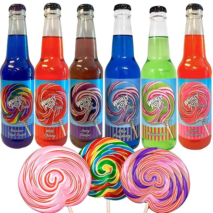 Whirly Pop Soda Variety Pack| 6 Unique Flavors of Soda Pop with Real Cane Sugar | 12 oz Glass Bottles in a Mixed Sampler with Crazy Soda Pop Bottle Opener (6 Pack)