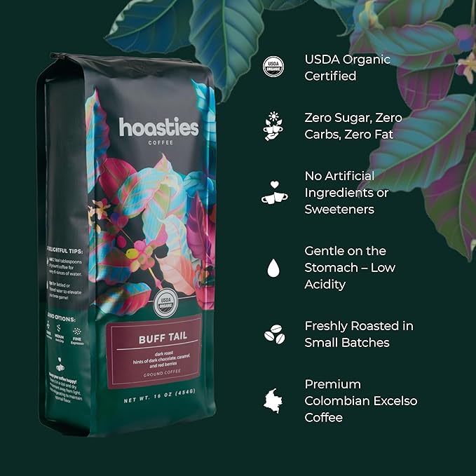 Hoasties Coffee Buff Tail - USDA Organic Dark Roast Whole Bean Coffee 100% Colombian Arabica Pesticide &amp Chemical-Free 16 oz