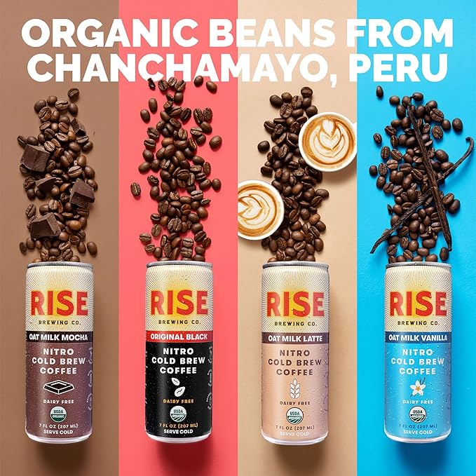 RISE Brewing Co. | Nitro Cold Brew Coffee | Gluten-Free Vegan | Organic &amp Non-GMO | 3x Original Black 3x Oat Milk Latte 3x Oat Milk Mocha 3x Oat Milk Vanilla Latte 7 Fl Oz (Pack of 12)