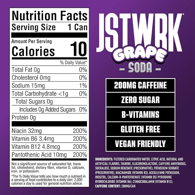 JST WRK Energy Drink - 12-Pack Sugar-Free Zero Calories No Sugar Alcohols 12 Fl Oz. 200 milligrams Caffeine (Grape Soda)