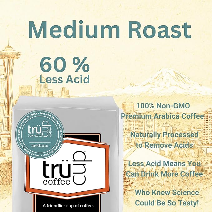 trücup Low Acid Coffee Whole Bean Coffee Medium Roast 2 LB Natural Water&ampSteam Process (60% Less Acid) Smooth Flavor Stomach-Friendly Rich in Antioxidants