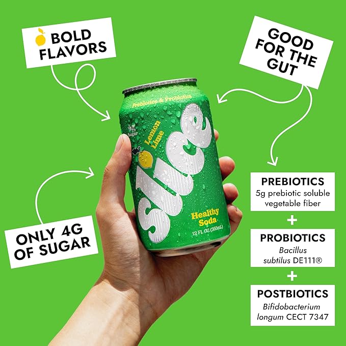 Slice Healthy Soda Lemon Lime Prebiotic &amp Probiotic Soda Pop 5g Fiber 35 calories 12 fl oz 12 Pack